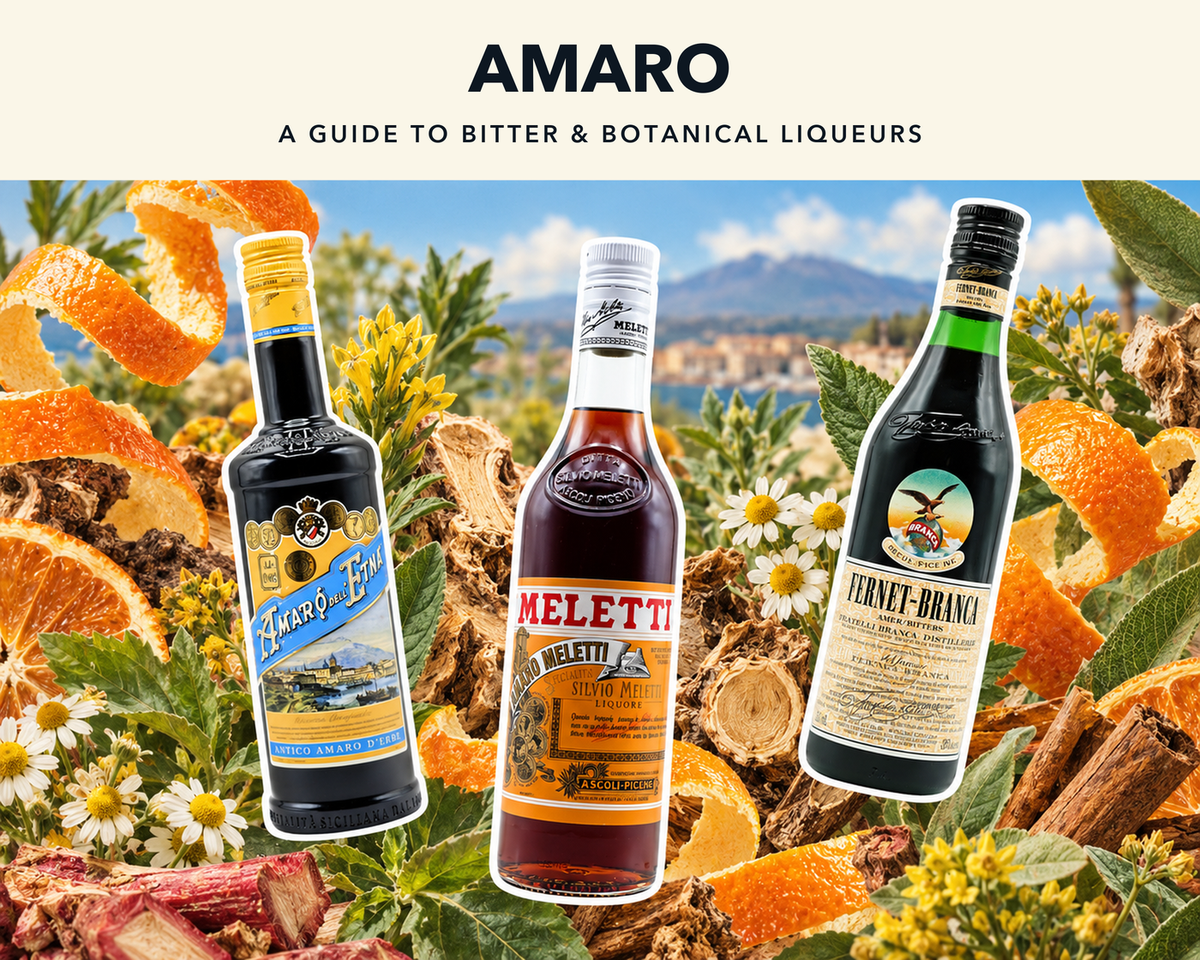 Amaro dell’Etna, Meletti and Fernet-Branca over a botanical collage