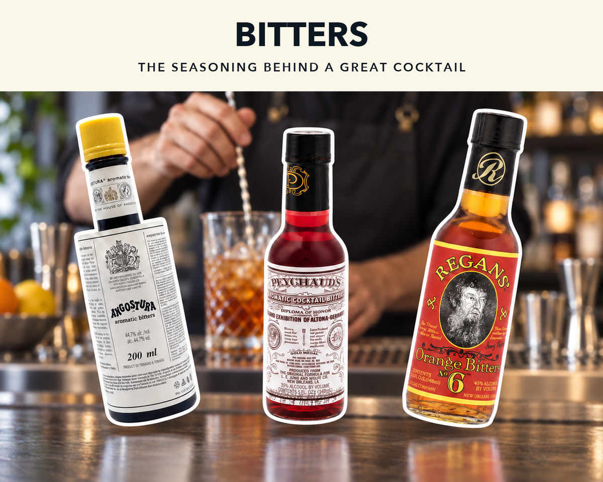 Angostura, Peychaud’s and Regans’ Orange Bitters with a close-up of a bartender’s hands preparing a cocktail
