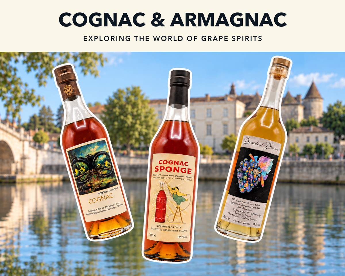 cognac armagnac guide with three white-outlined bottle cutouts over regional scenery