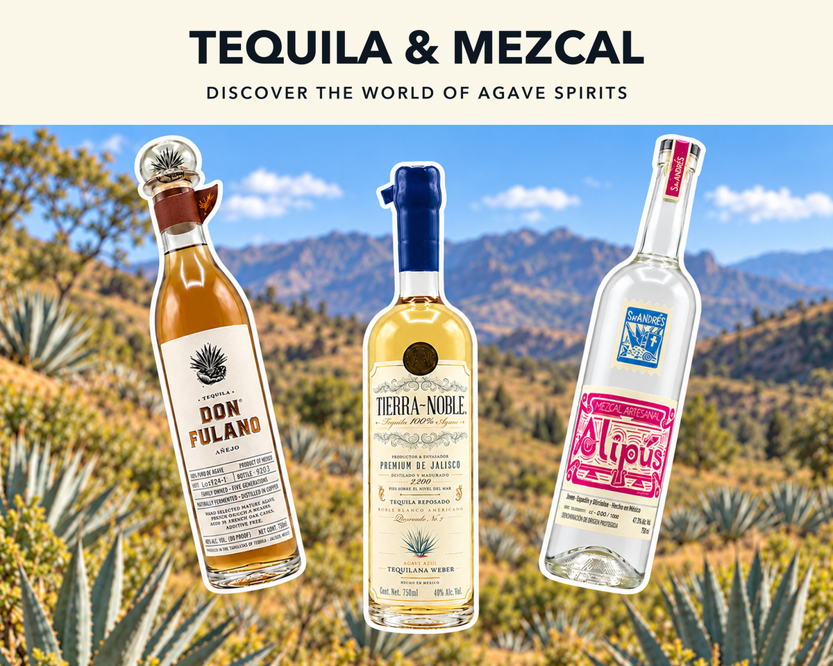 tequila mezcal guide with three white-outlined bottle cutouts over regional scenery