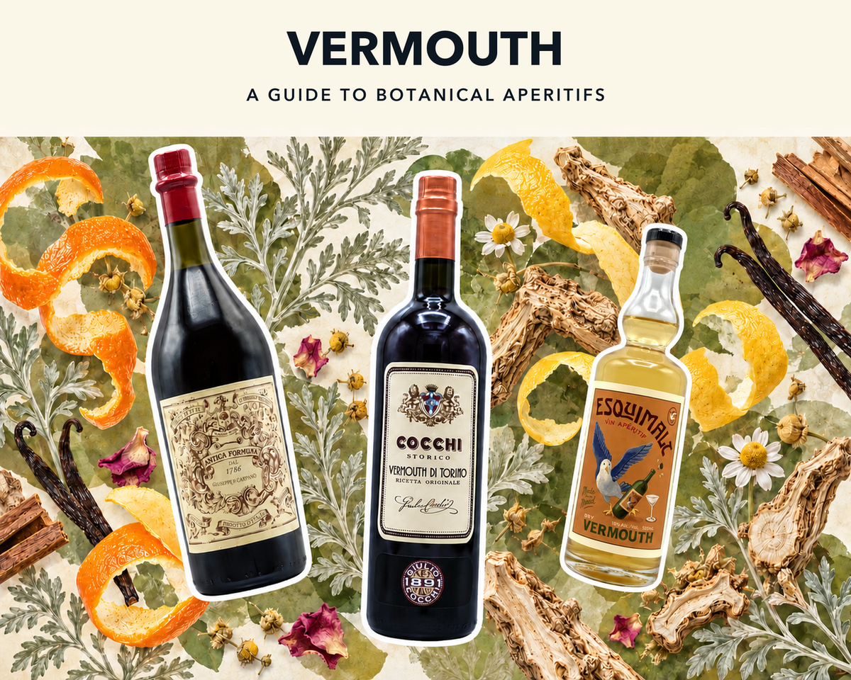 Carpano Antica Formula, Cocchi Storico and Esquimalt Dry over a botanical collage