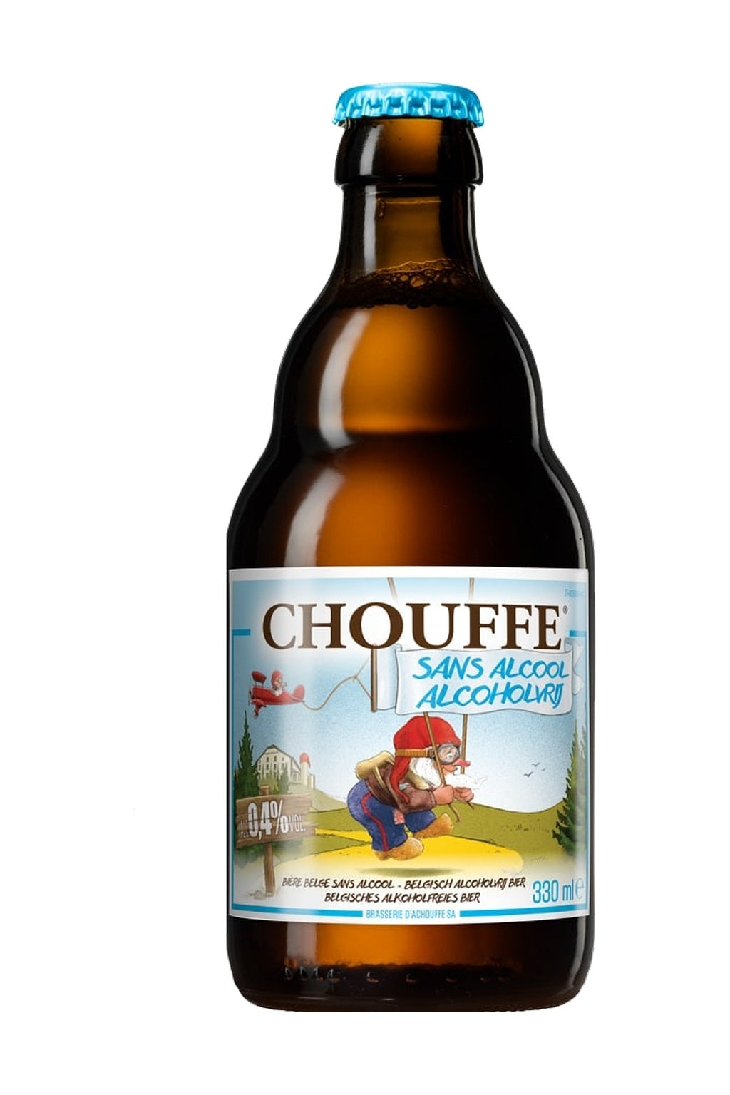 Chouffe alcohol free beer — single container on white