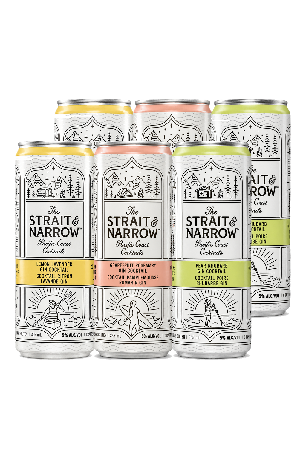 Strait & Narrow Discovery Gin Mix — 6 x 355 ml; two each Lemon Lavender, Grapefruit Rosemary and Pear Rhubarb